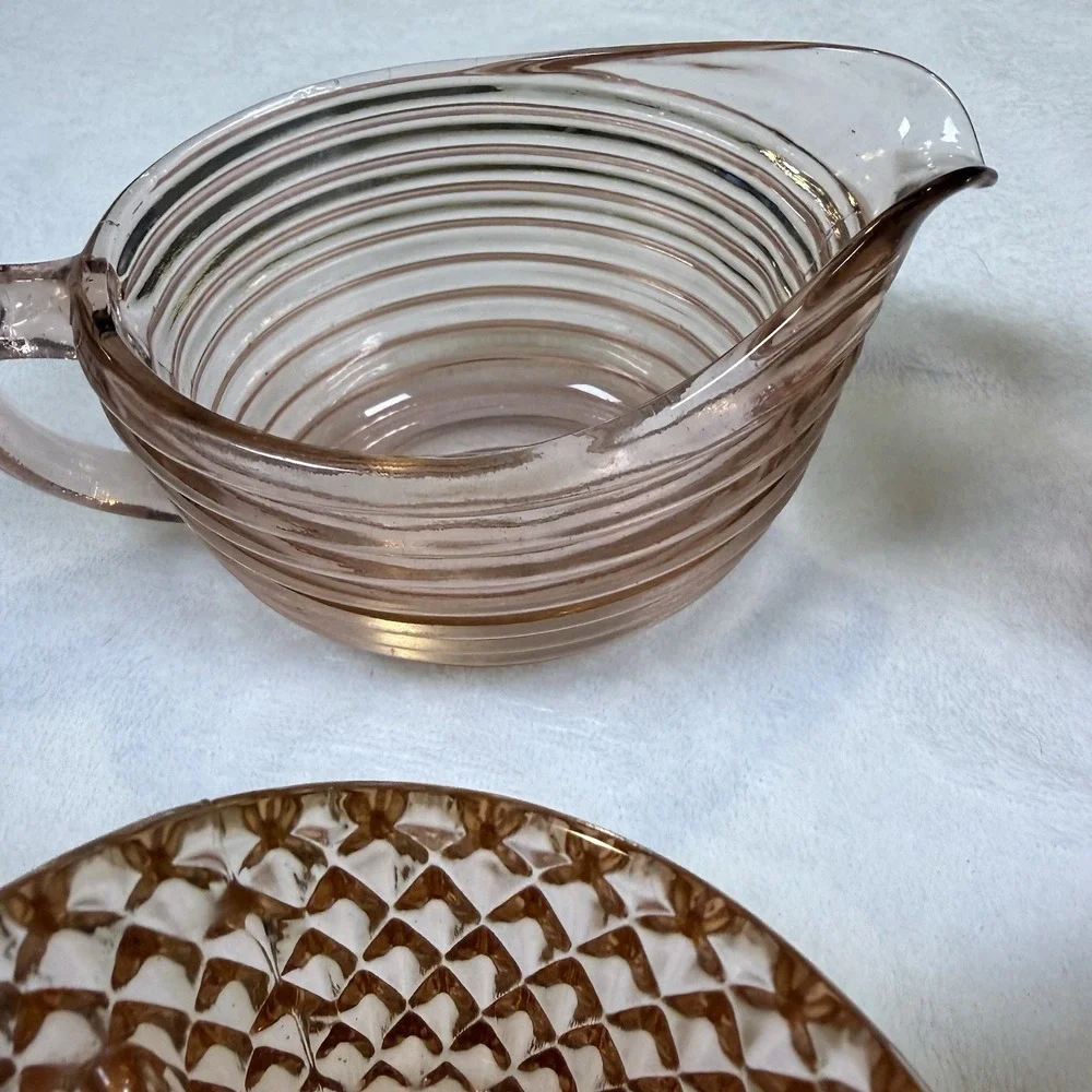 Vintage Pink Depression Glass 4pc Lot Creamer Footed Bowls Syrup Dispenser